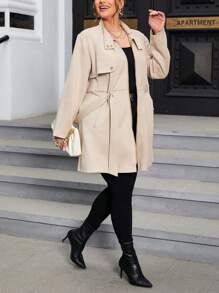SHEIN Essnce 大碼拉鏈開襟腰帶外套 - 卡其色 - 查看 3