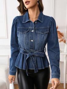 SHEIN Privé 翻蓋細節褶皺下擺牛仔夾克 - 深色水洗藍 - 查看 4