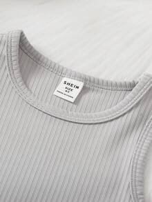 SHEIN Young Girl Solid Tank Top & Pants & Button Up Flannel Top - Grey - View 3