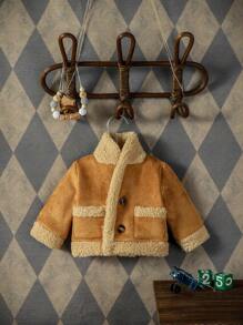 SHEIN 女嬰拼接邊毛絨內襯單排釦仿麂皮外套 - 棕色 - 查看 1