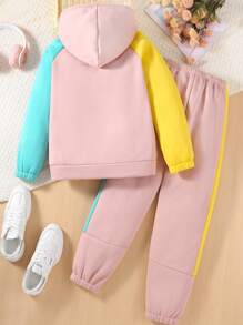 SHEIN Tween Girl Letter Graphic Raglan Sleeve Hoodie & Sweatpants - Multicolor - View 2