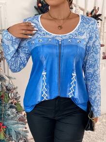 SHEIN LUNE Plus Floral Print Tee - Blue - View 5