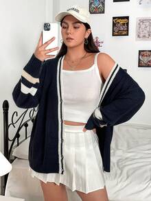 Flirla 大碼條紋飾邊落肩袖開襟衫 - 黑與白 - 查看 5