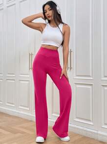 SHEIN EZwear 春夏純色玫瑰紅喇叭腿修身長褲 - 玫紅色 - 查看 3