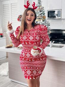 SHEIN Essnce 大碼聖誕圖案羊腿袖拼接毛茸茸袖口緊身洋裝 - 彩色 - 查看 1