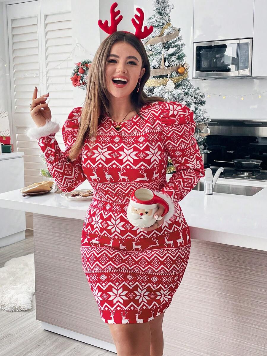 SHEIN Essnce 大碼聖誕圖案羊腿袖拼接毛茸茸袖口緊身洋裝 - 彩色 - 查看 1