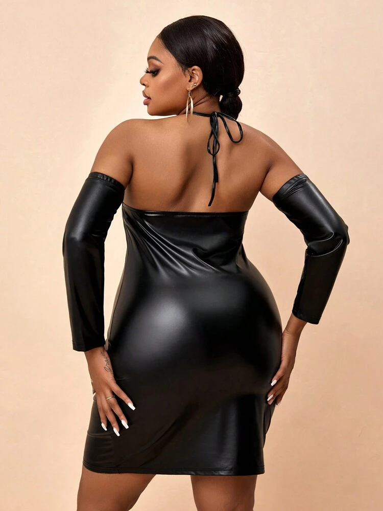 Plus Tie Backless Halter Neck PU Leather Bodycon Dress With Arm Sleeves