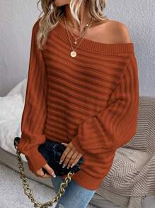 EMERY ROSE Boat Neck Batwing Sleeve Sweater In Fall/Winter - Rust Brown - View 4