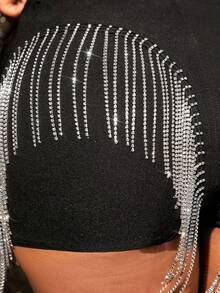 SHEIN SXY Rhinestone Fringe Trim Shorts - Black - View 5
