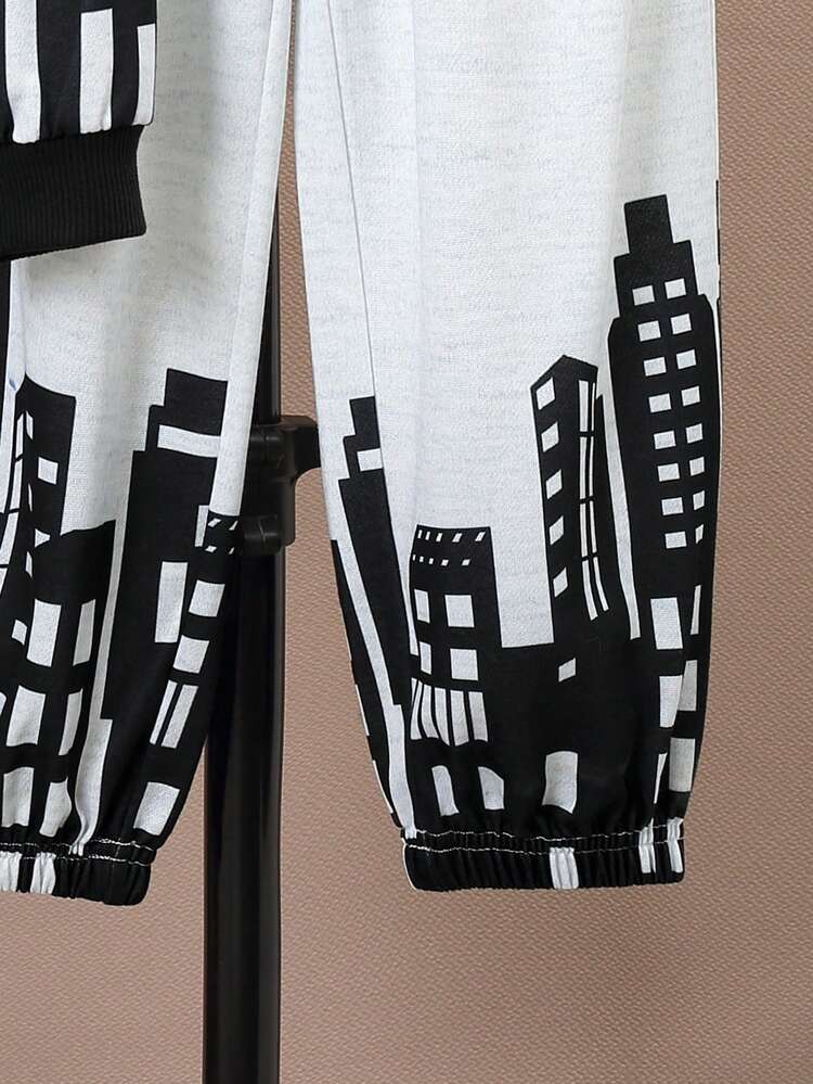Tween Boy Building Print Hoodie & Sweatpants