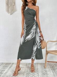 SHEIN VCAY Tropical Print One Shoulder Knot Side Wrap Hem Dress - Multicolor - View 1