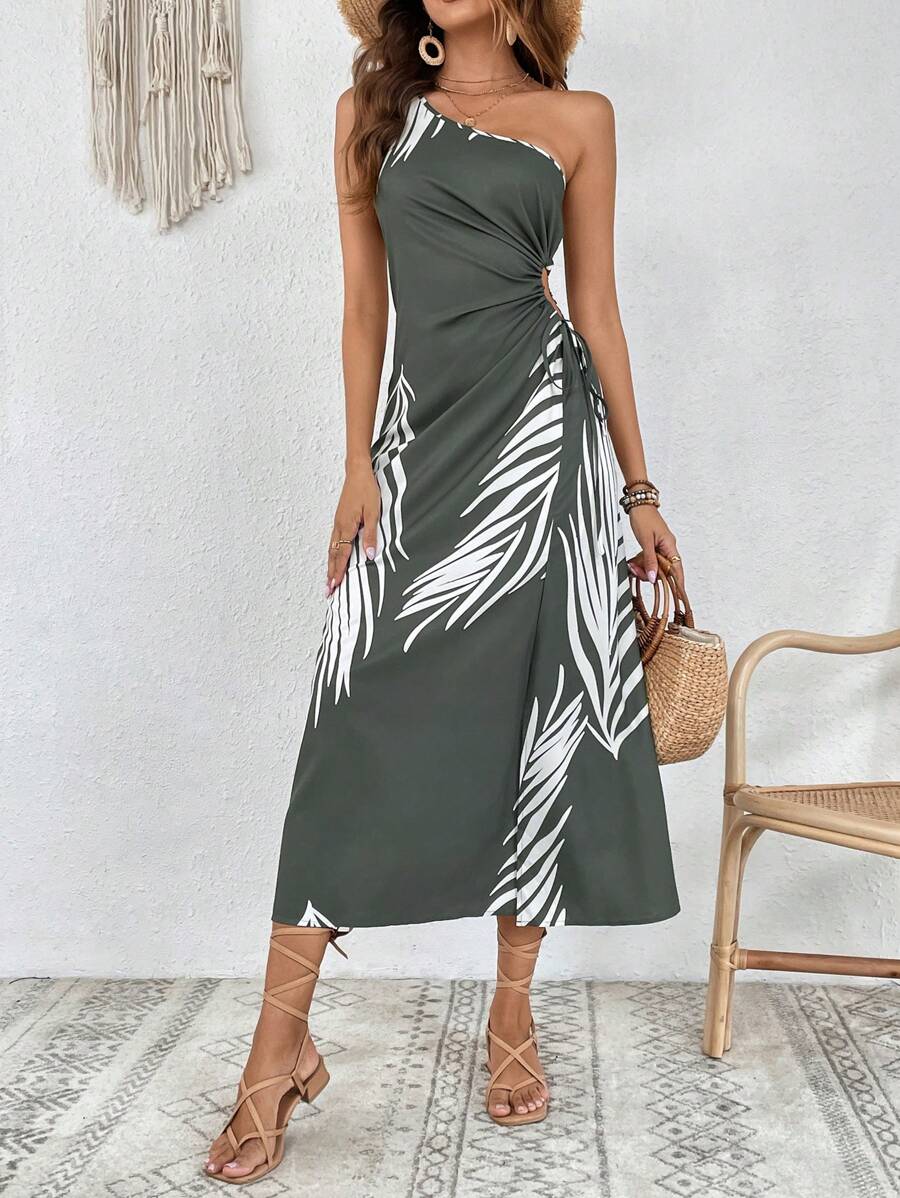 SHEIN VCAY Tropical Print One Shoulder Knot Side Wrap Hem Dress - Multicolor - View 1