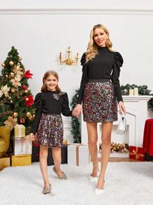 SHEIN Áo Sơ Mi Tay Gigot Cổ Đứng Dệt Chắc Chắn Tween Girl Kèm Bộ Váy Dệt Sáng Bóng, Trang Phục Phù Hợp Với Mẹ Và Tôi - Nhiều màu - Xem 3