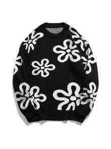 Men Floral Pattern Sweater - Black - View 1