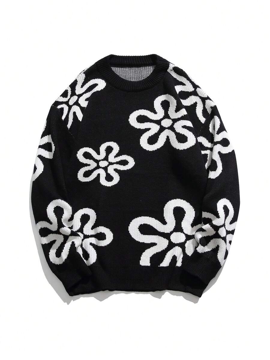 Men Floral Pattern Sweater - Black - View 1