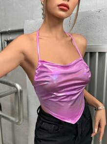 VaVaBold Holographic Tie Backless Halter Top