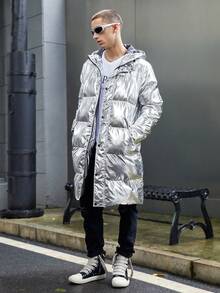 SWAVVY 1pc Loose Fit Metallic Padded Coat With Zipper Closure And Hood - Multicolor - View 3