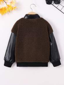 Young Boy Letter Patched Contrast PU Leather Panel Teddy Jacket - Multicolor - View 2