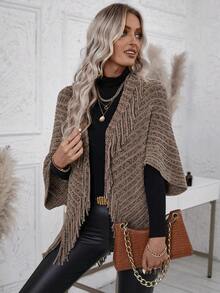 SHEIN LUNE Thuốc nhuộm Không gian Viền rìa tay cánh Áo Cardigan - Lạc đà - Xem 3