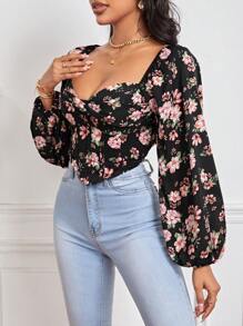 SHEIN VCAY 印花燈籠袖雞心領口襯衫 - 黑色 - 查看 3