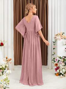 蝴蝶袖高衩雪紡伴娘連衣裙 - 藕粉色 - 查看 3