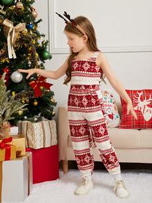 SHEIN 母女同款針織絨面背心加寬腿褲套裝 - 少女風