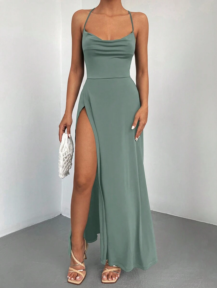 EURMUSE 女士纯色深V领侧开衩性感吊带连衣裙