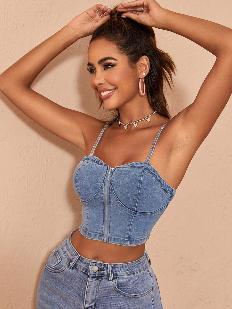 Y2K Top de tirantes mezclilla crop con cremallera - Azul lavado medio - Ver 1