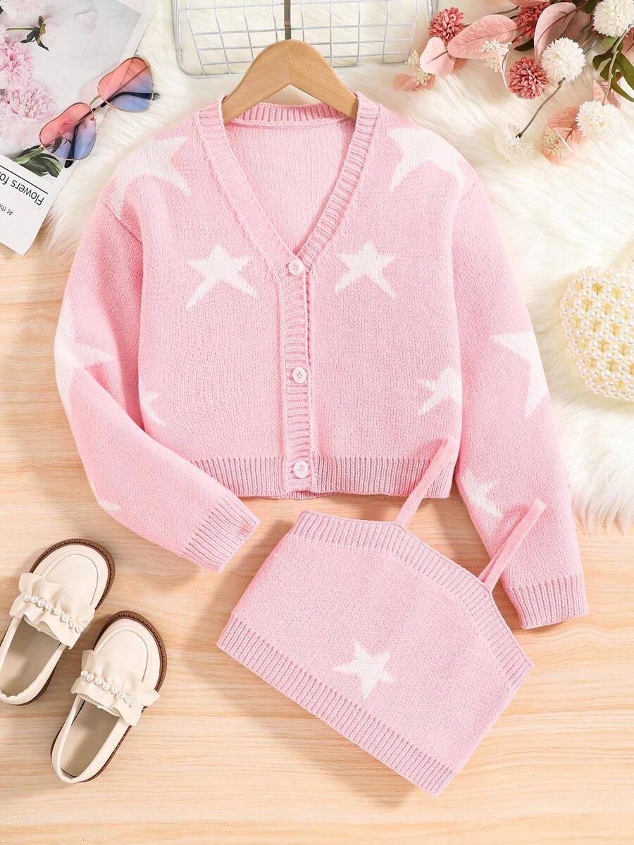 SHEIN 女大童星星圖案針織吊帶上衣&前紐扣開襟衫 - 粉色 - 查看 1