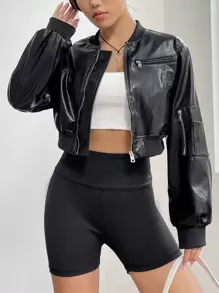 SHEIN EZwear Zip Up PU Leather Bomber Jacket - Black - View 5