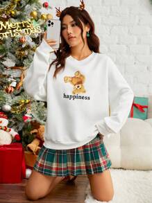 SHEIN EZwear Sudadera con estampado de oso y letra de hombros caídos - Blanco - Ver 1