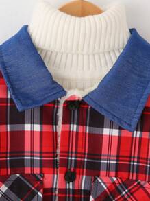男大童格紋印花拼接領翻蓋口袋高低下擺襯衫無毛衣 - 彩色 - 查看 6