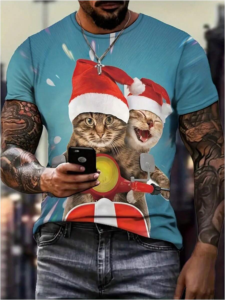 Men Plus Christmas Cat Print Tee - Black - View 1