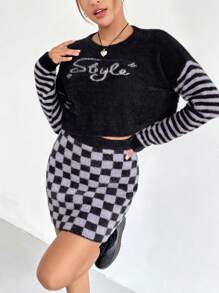 Chiquease Letter Pattern Drop Shoulder Sweater & Checker Pattern Knit Skirt Fall Cloth For Women - Black - View 6