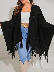 SHEIN VCAY Plus Size Women'S Fringed Hem Drop Shoulder Cardigan - Black - View 4