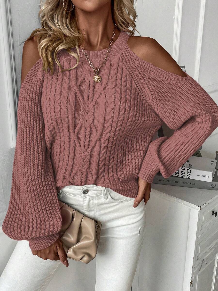 SHEIN LUNE Cold Shoulder Cable Knit Sweater - Dusty Pink - View 1
