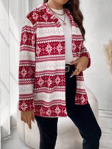 SHEIN Franclia Plus Geo Print Open Front Hooded Coat - Red - View 3