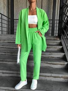 EURMUSE Solid Shawl Collar Drop Shoulder Blouse & Pants - Green - View 1