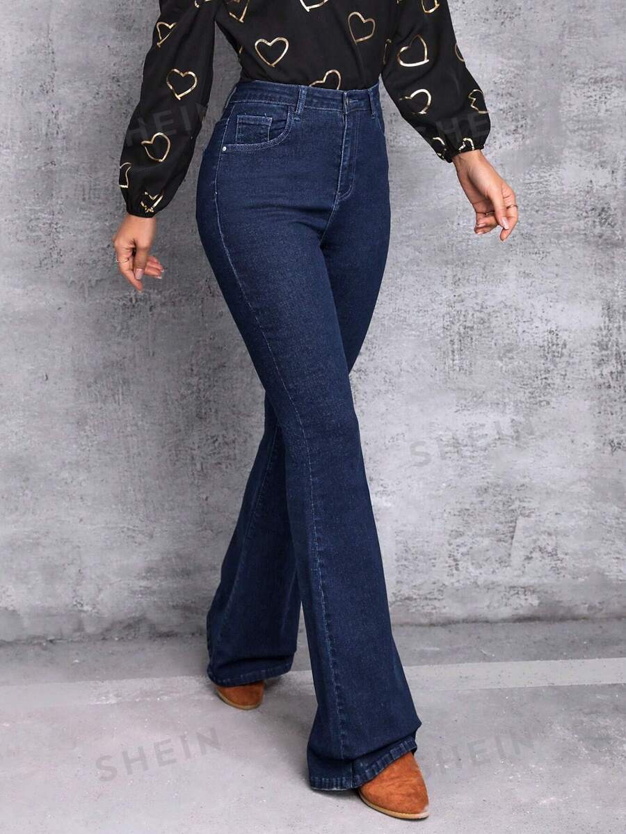 SHEIN Tall Jeans de pierna amplia de talle alto - Azul - Ver 1