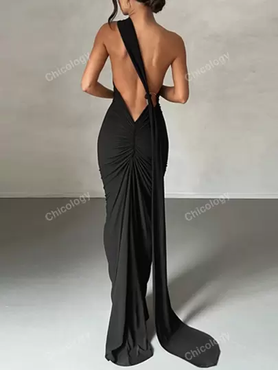 Vestido Espalda al aire Fruncido Abertura alta Liso Sexy