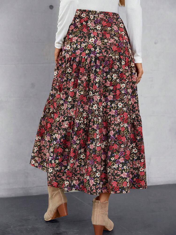 Allover Floral Print Ruffle Hem Skirt