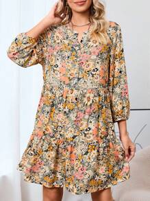 Floral Print Lantern Sleeve Ruffle Hem Smock Dress - Multicolor - View 1