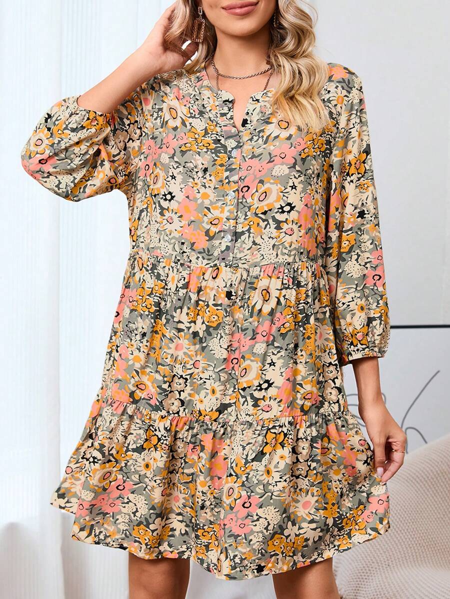 Floral Print Lantern Sleeve Ruffle Hem Smock Dress - Multicolor - View 1