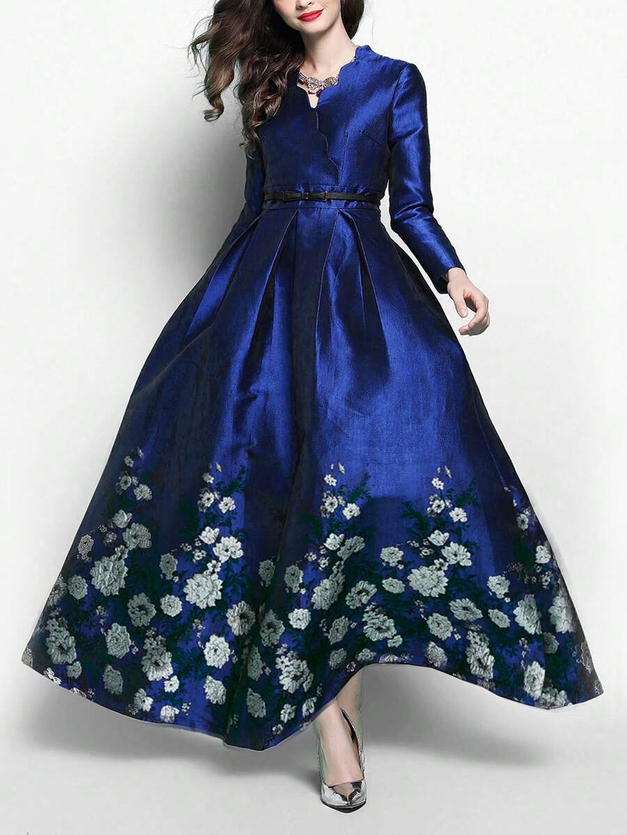Floral Print Scallop Trim Dress Elegant Long Sleeve Formal Evening Prom Wedding Guest Gown, For Graduation, Dinner Party Dress - Blue - View 1