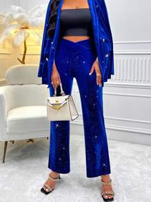 VaVaBold High Waist Glitter Flare Leg Pants - Blue - View 1