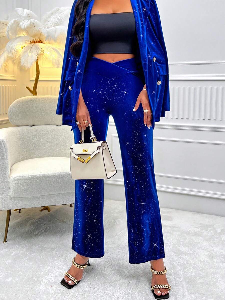 VaVaBold High Waist Glitter Flare Leg Pants - Blue - View 1