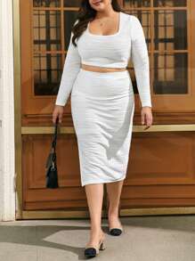 SHEIN Frenchy 大碼方領短款T恤&高衩半身裙 - 白色 - 查看 3