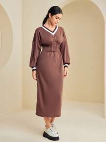 Seusyu Vestido sudadera ribete de rayas de hombros caídos - Marrón Mocha - Ver 4