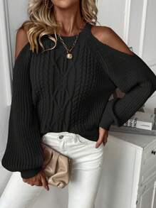 SHEIN LUNE Cold Shoulder Cable Knit Sweater,Long Sleeve Tops Knit Pullover Fall Winter Sweater - Black - View 1