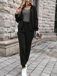 SHEIN LUNE Thermal Lined Zip Up Hoodie and Sweatpants and Tank Top - Black - View 7